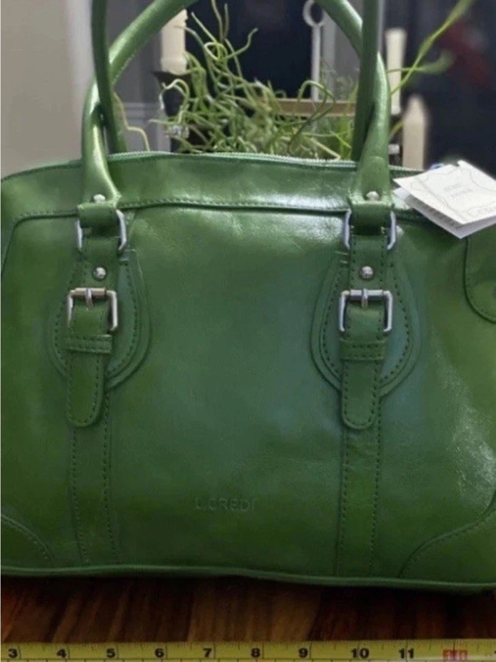 Green Leather Double-Handle Satchel with Buckle Accents